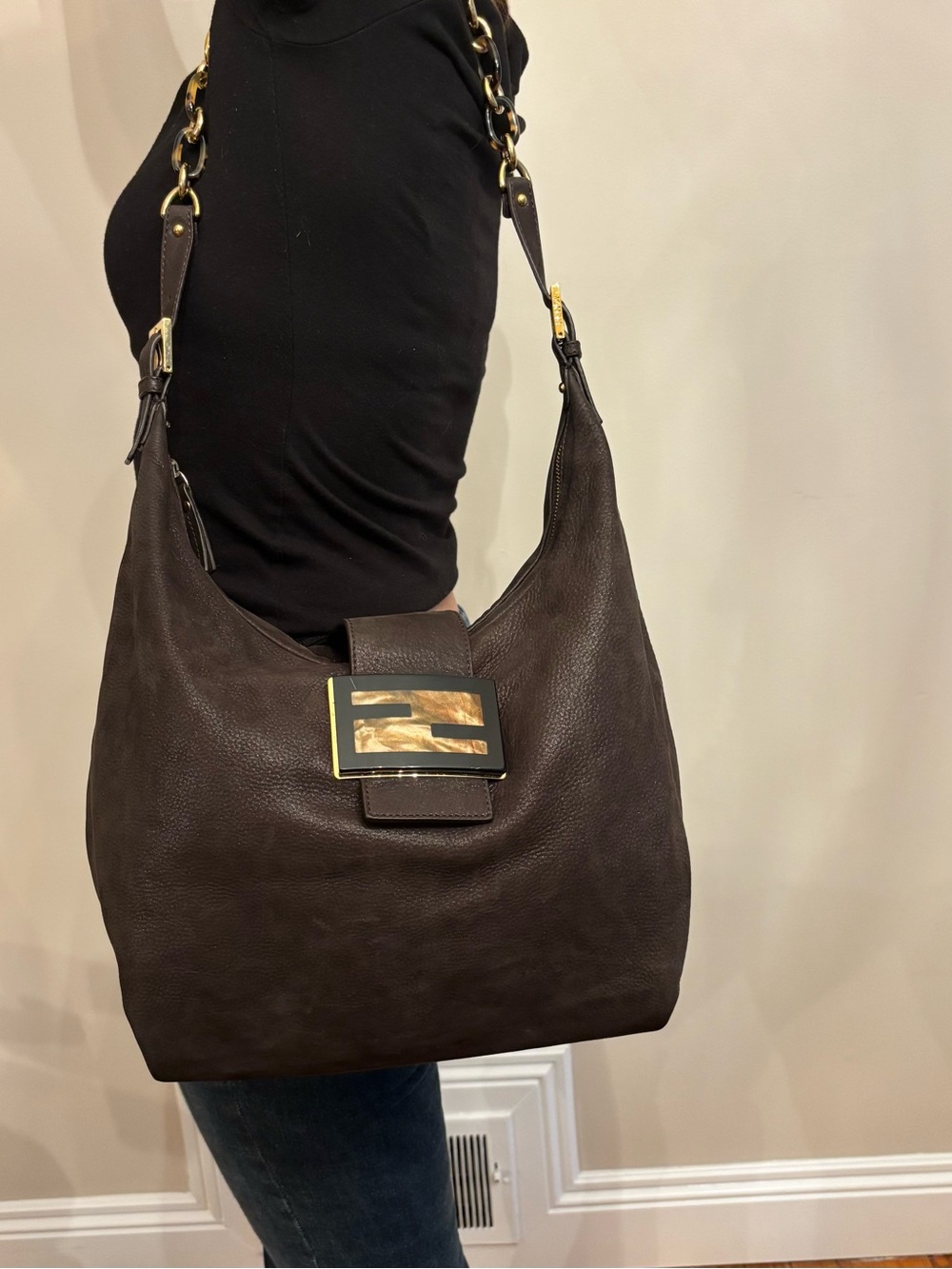 Authentic Fendi Large Dark Brown Leather suede Shoulder Bag Decorative Buckle - Picture 2 of 12